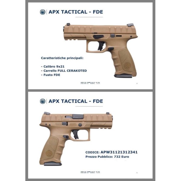 BERETTA PISTOLA SEMIAUTOMATICA MOD.APX TACTICAL FDE CAL.9X21